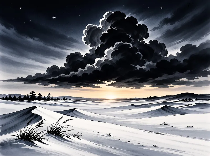 A massive dark cloud looms over a white rippled landscape under a starry sky with a glowing horizon.