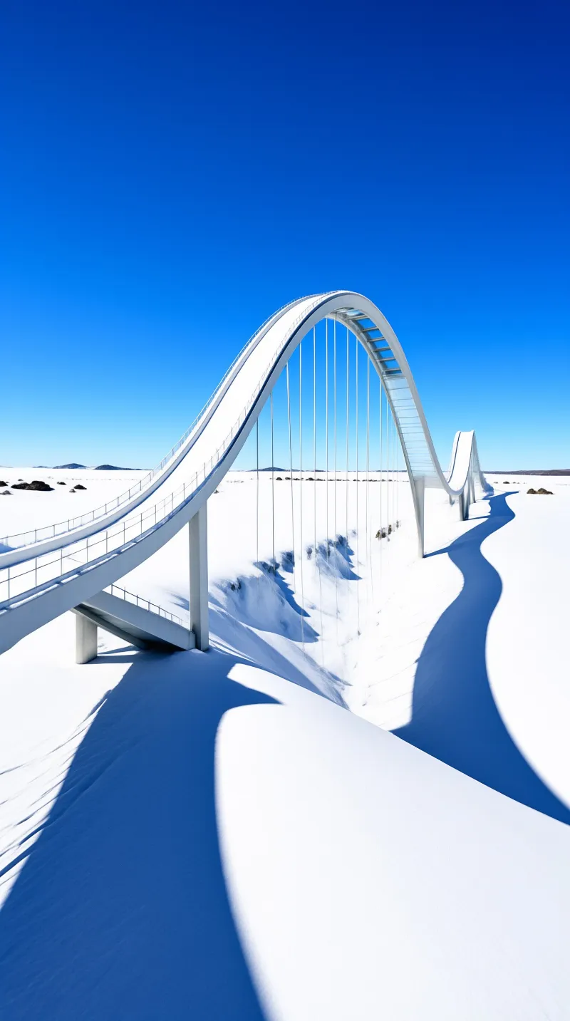 A sweeping white bridge arches across a snow bound plain, casting long shadows beneath a brilliant cobalt sky.