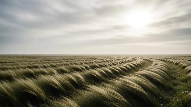 A vast expanse of green vegetation waves horizontally across a flat plain under a cloudy grey sky.