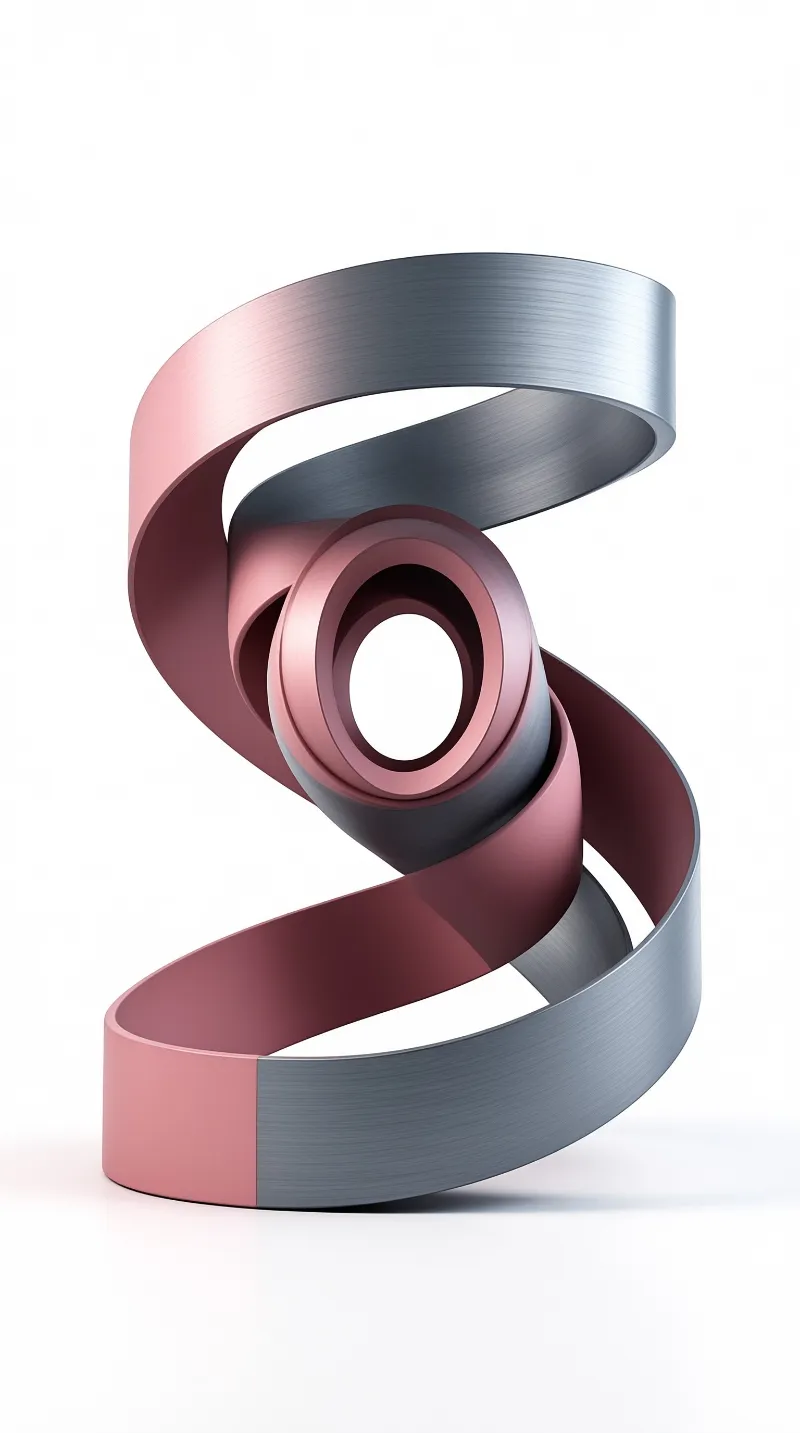 A twisted metallic ribbon forms a spiral structure with pink and silver gradients against a plain white backdrop.