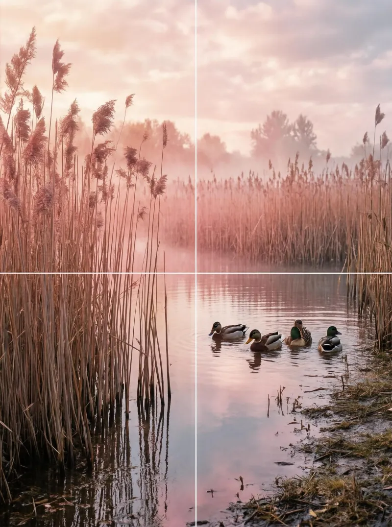 A group of ducks swimming on a misty lake surrounded by tall reeds during soft sunrise light