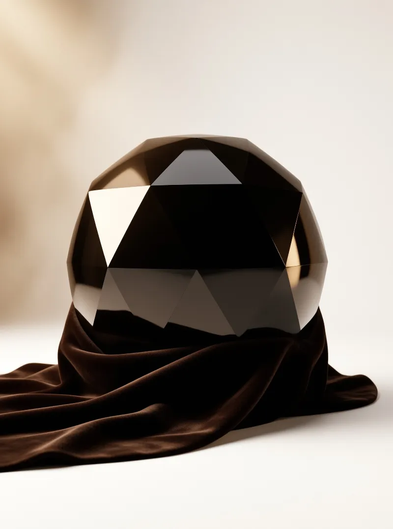 A dark geometric faceted crystal sits upon draped brown velvet against a light beige studio background with soft lighting.