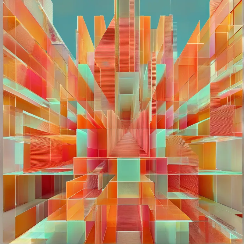 An abstract symmetrical arrangement of coral, orange and mint blocks receding into a glowing central passage.
