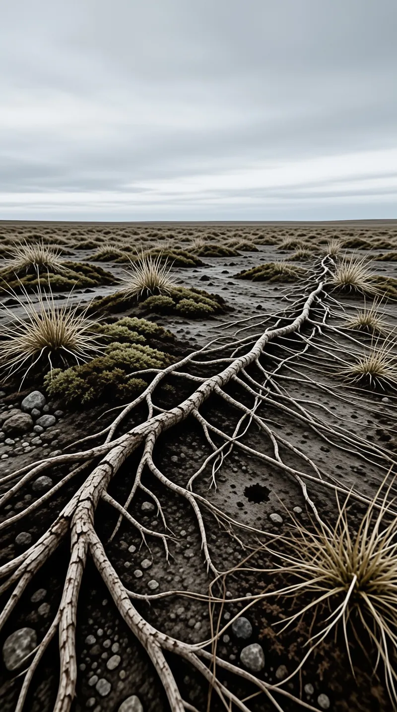Pale exposed roots snake across dark volcanic sand dotted with tufts of grass under a heavy grey sky