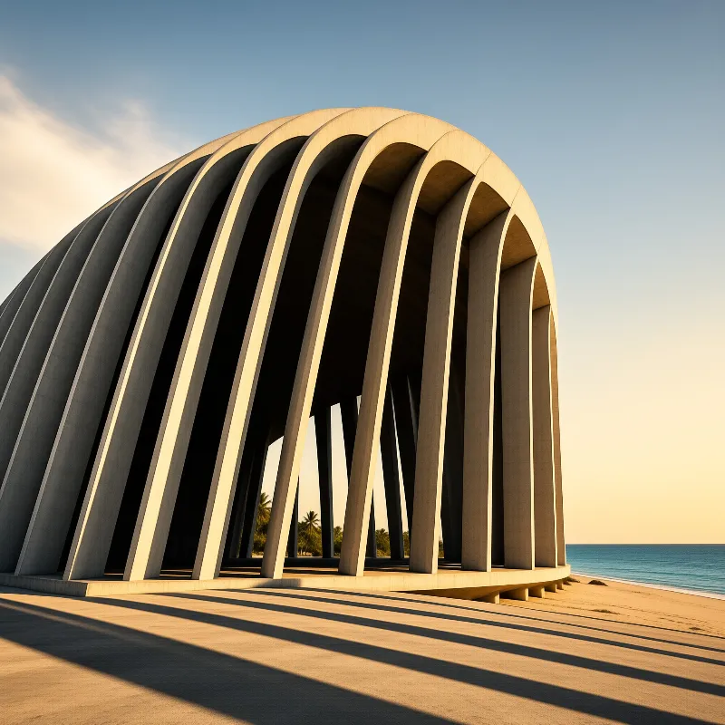 A massive curved concrete pavilion with ribbed arches stands on a sandy beach casting long shadows under warm sunlight.
