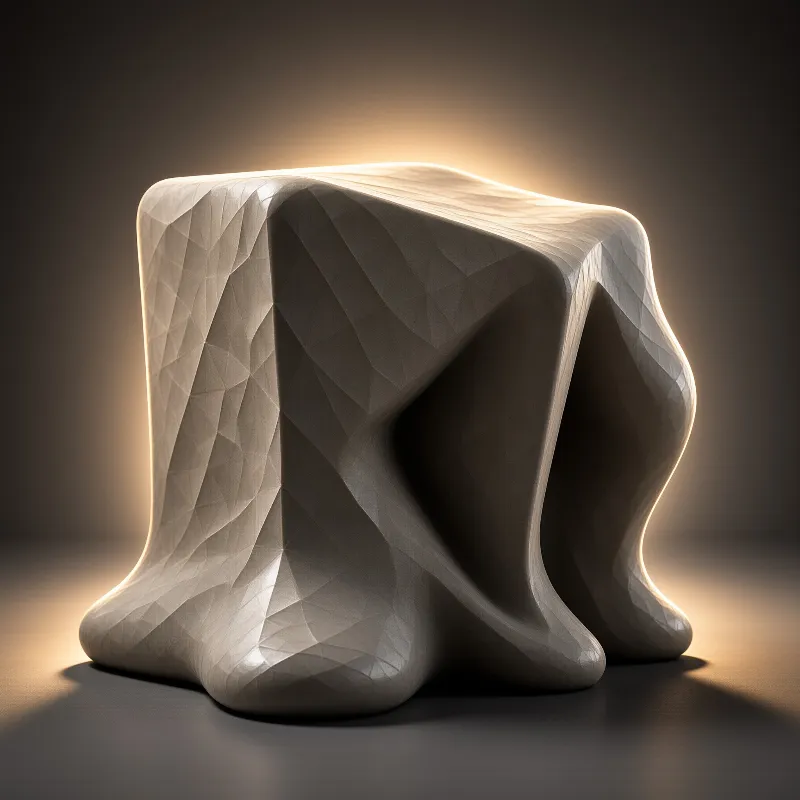 Faceted ceramic seat resting on a dark floor with warm rim lighting highlighting its contours.
