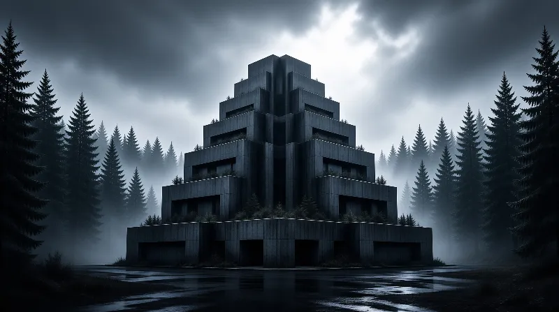A dark tiered brutalist tower stands wrapped in fog among tall evergreens beneath a brooding grey sky.