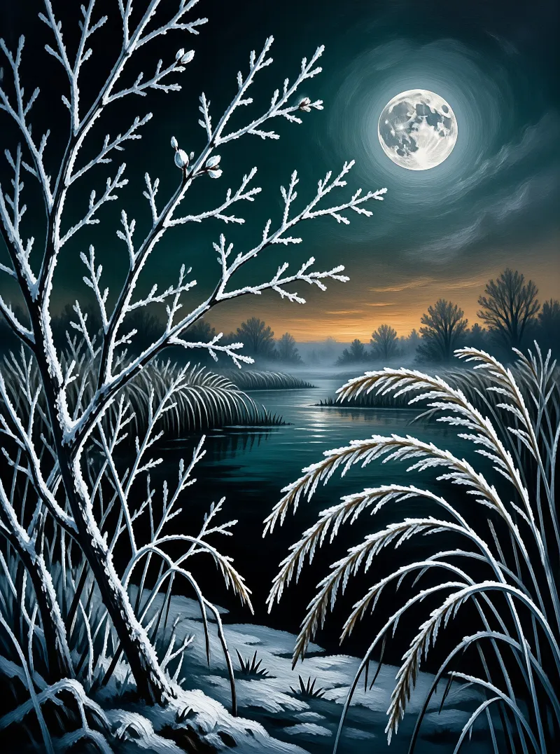 Snow-covered vegetation surrounds a calm body of water reflecting a large moon under a deep blue night sky.