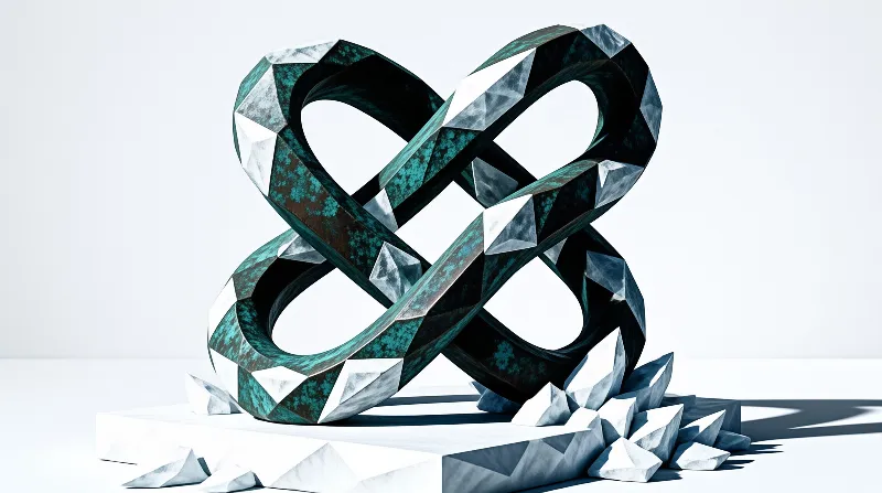 A rusted metal infinity symbol sits atop a white base surrounded by sharp crystal shards under bright light.