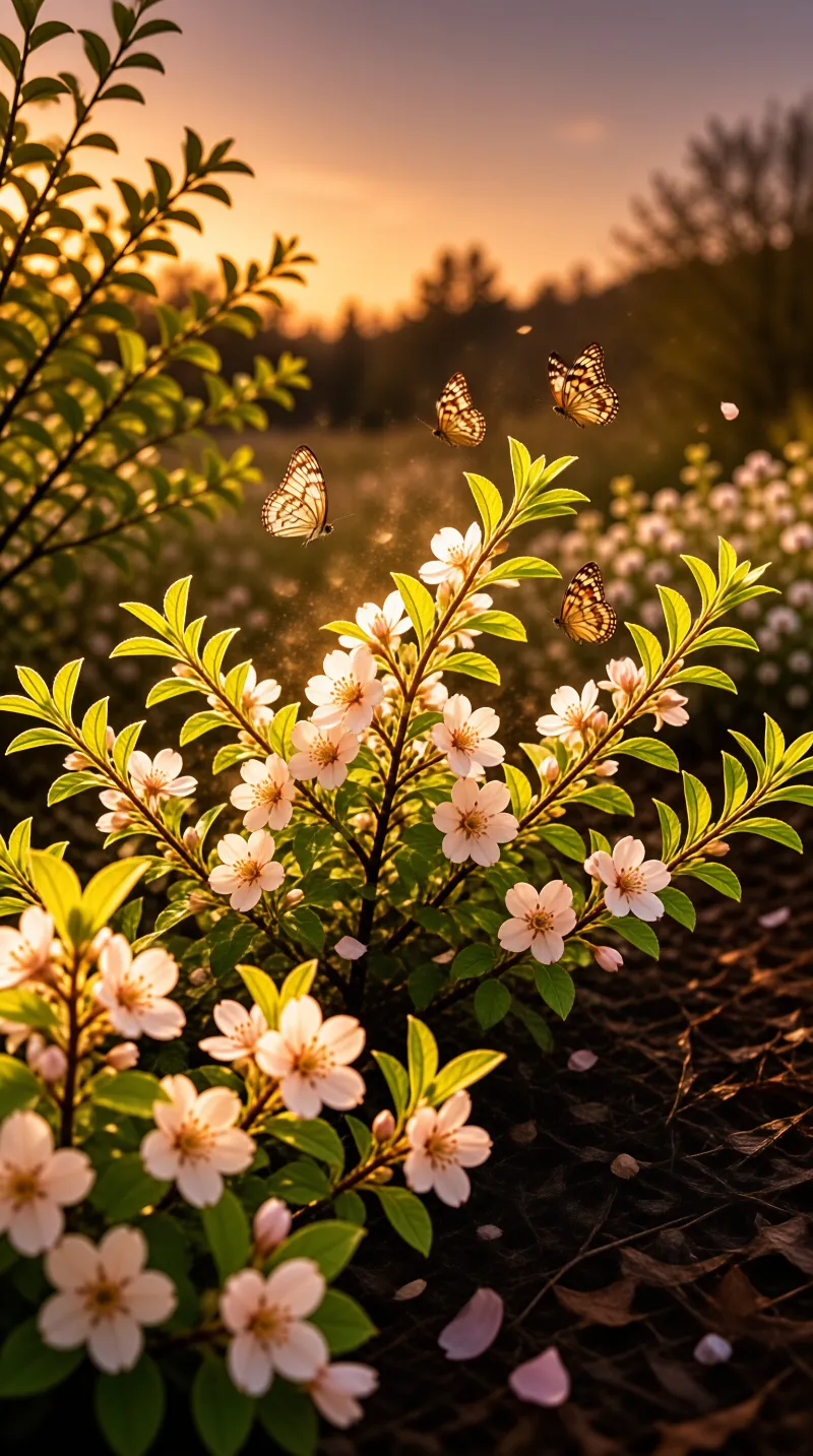 A cherry blossom branch with green leaves is surrounded by four butterflies flying under a warm golden sunset sky.