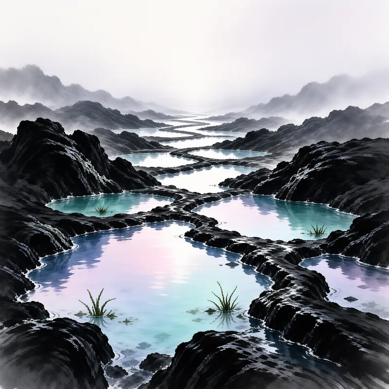 A colorful river winds through a landscape of dark wet rocks and distant misty hills reflecting a pale sky.
