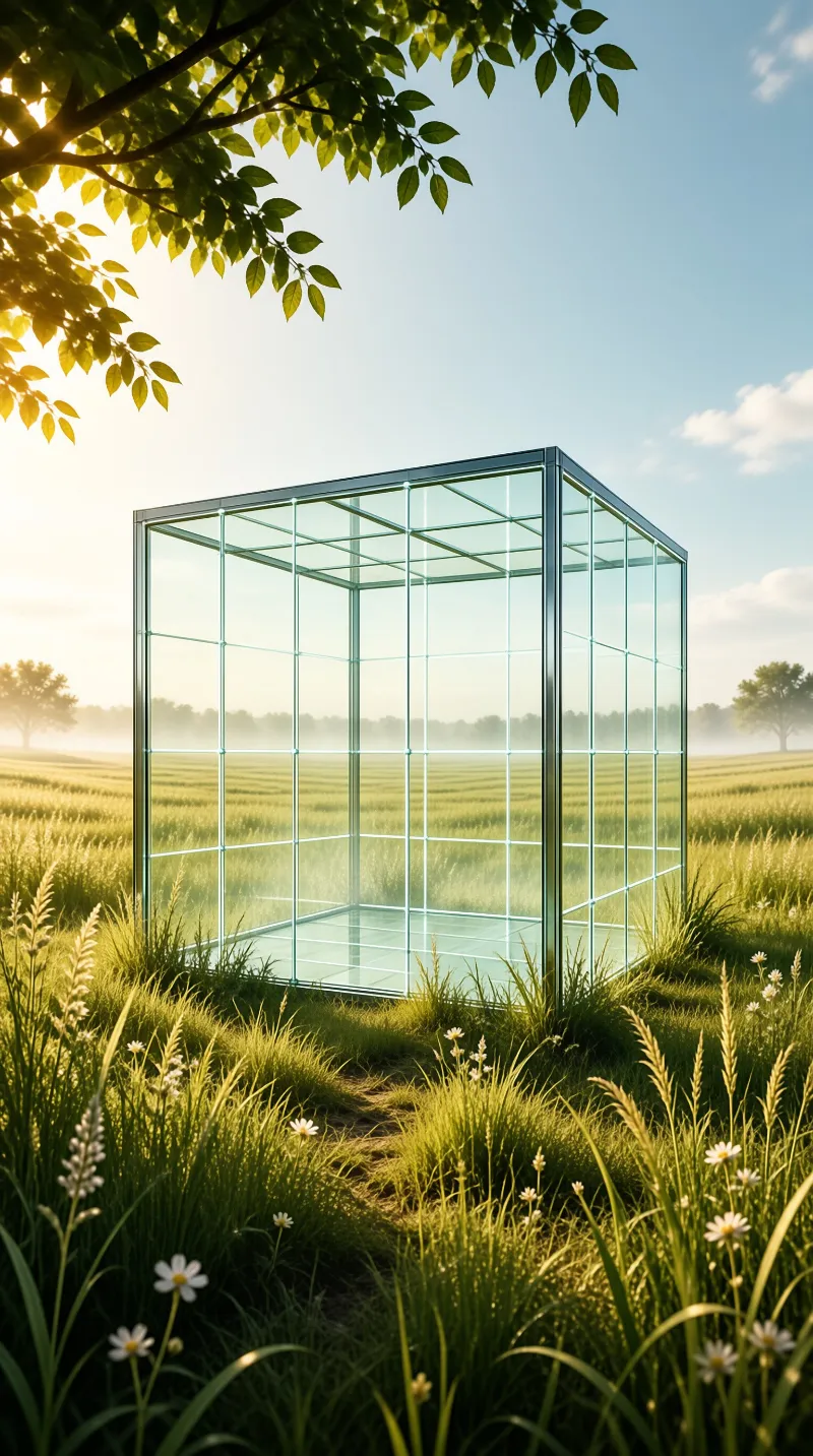 A transparent glass cube stands alone in a sun-dappled meadow with tall grasses and wildflowers under a bright morning sky.