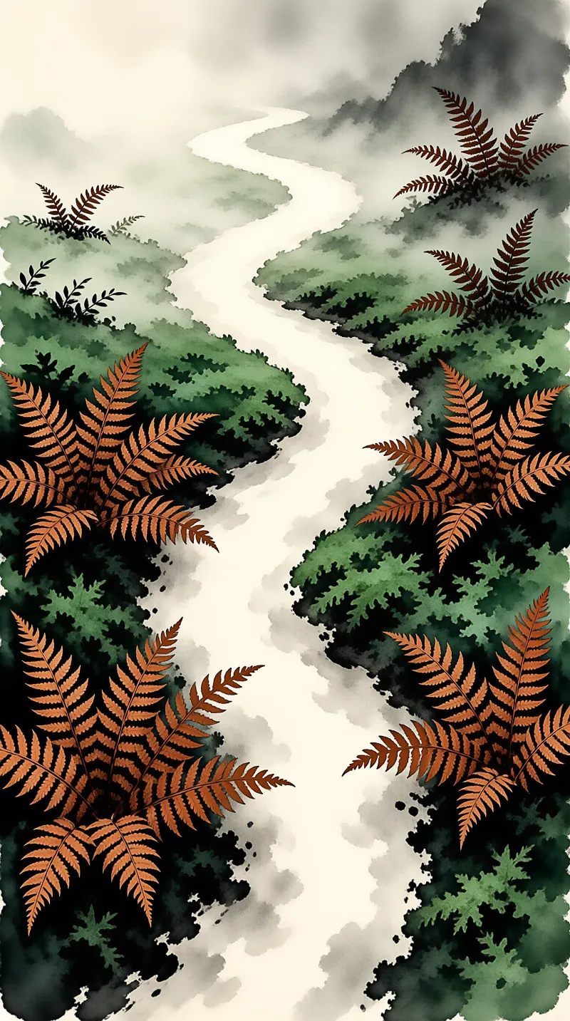 A winding path stretches through a landscape of green hills, disappearing into the mist at the top of the frame.