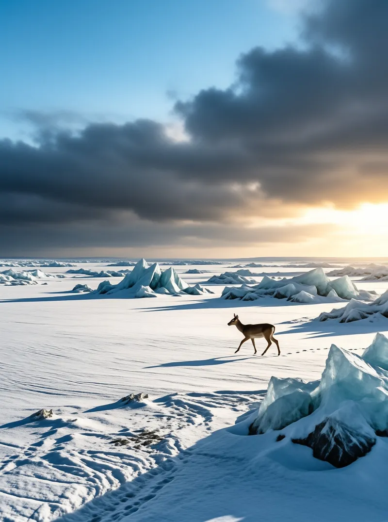 A brown deer runs across a snowy landscape with blue ice formations under a dramatic cloudy sky with golden light.