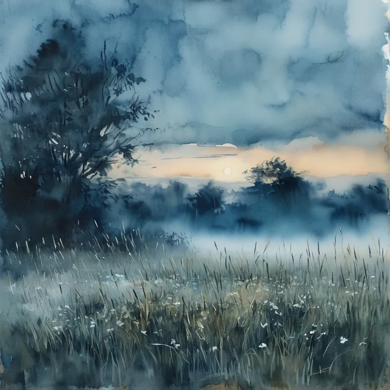 Watercolor painting of a misty blue grassy meadow at dusk, with a pale low sun peeking above dark silhouetted distant trees.