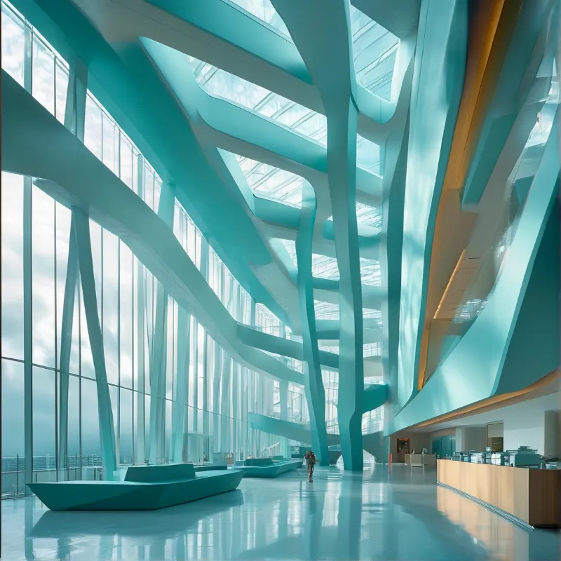 A lone person walks across a vast teal lobby with sweeping organic pillars and a glass wall reflecting clouds.