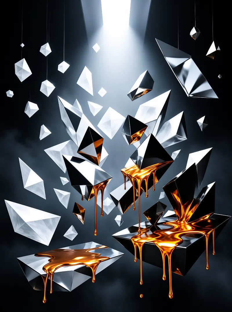 Floating metallic crystals drip liquid gold beneath a bright spotlight in a dark surreal space.