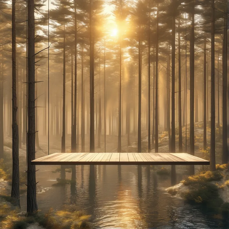 A square wooden structure rests above calm water while golden sunbeams filter through tall pine trees in the foggy distance.