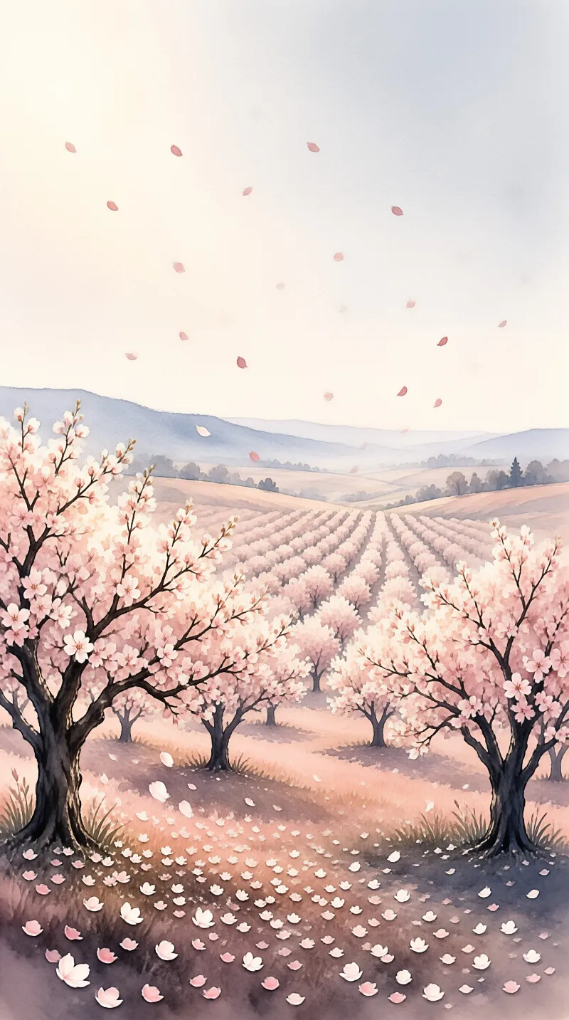 Rows of blooming cherry trees stretch across a valley under a soft sky with drifting petals