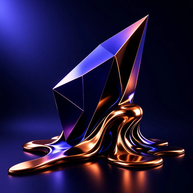 Glossy golden liquid pools at the base of sharp blue geometric spikes under dramatic lighting.