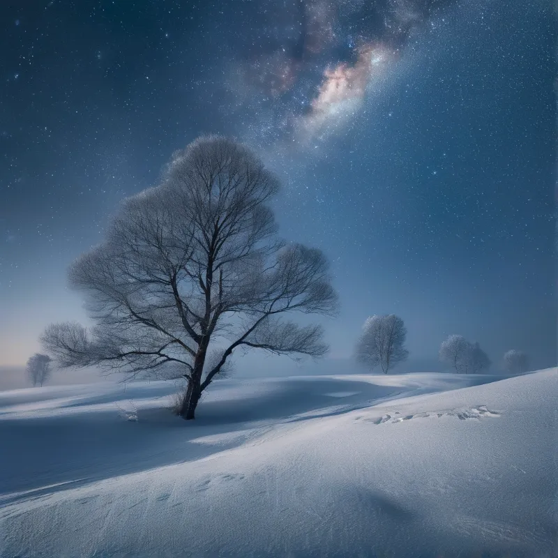 A solitary tree coated in ice rises from a blanketed landscape while the galaxy arcs overhead in a deep blue sky.