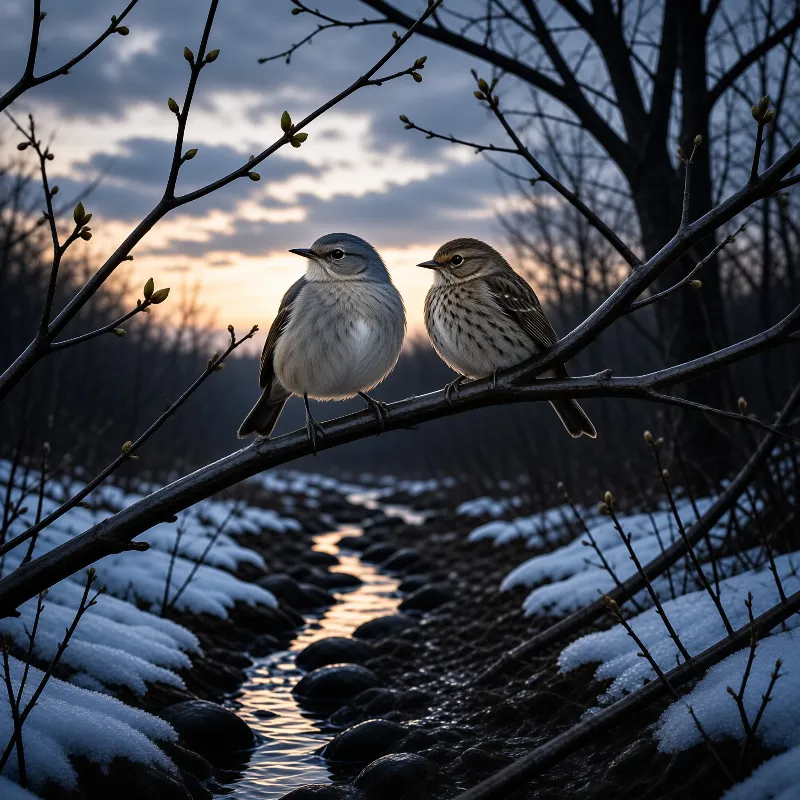 Two small birds sit on a diagonal branch overlooking a snowy stream during sunset.