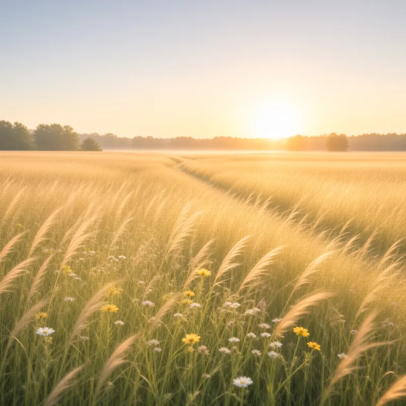 Golden grasses curve across a wide field dotted with wildflowers as the sun rises behind a distant treeline.