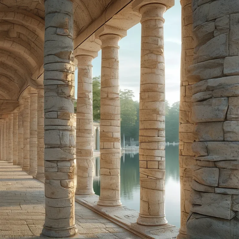Ancient stone columns line a covered walkway overlooking calm blue water surrounded by green trees under soft natural light