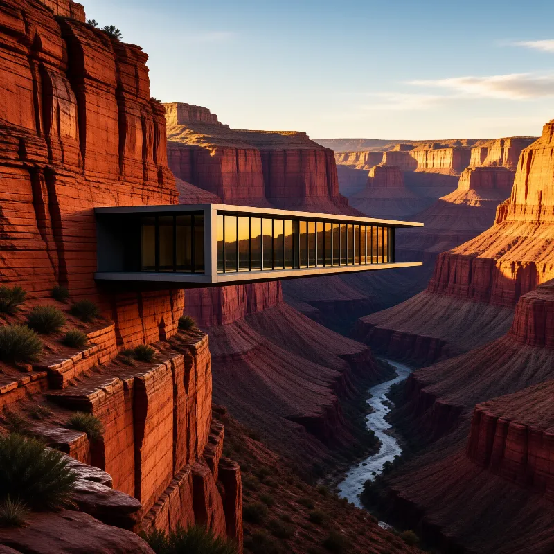 A glass cantilever home juts from a sunlit red canyon cliff overlooking a winding river through tiered rock at dusk.