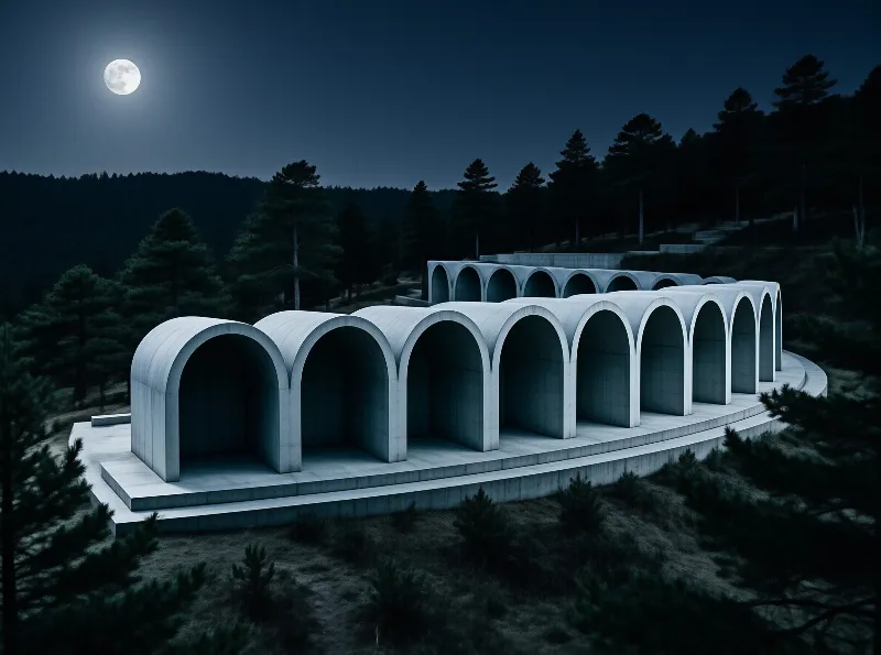 A tiered structure of white concrete arches rests among dark pine trees beneath a glowing full moon on a quiet night.