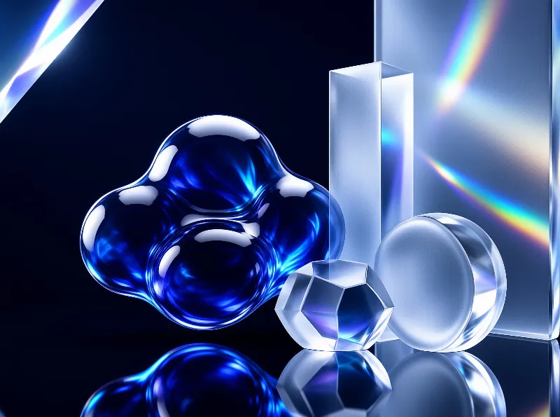 A lobed deep blue glass body rests next to faceted and ground optical blocks that scatter rainbow light on dark glass.