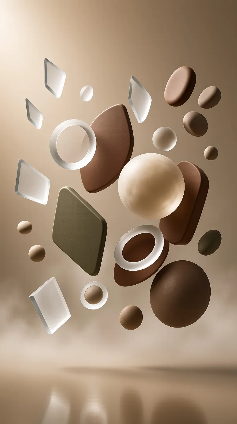 Various brown and white geometric objects hover against a smooth gradient background with soft shadows.