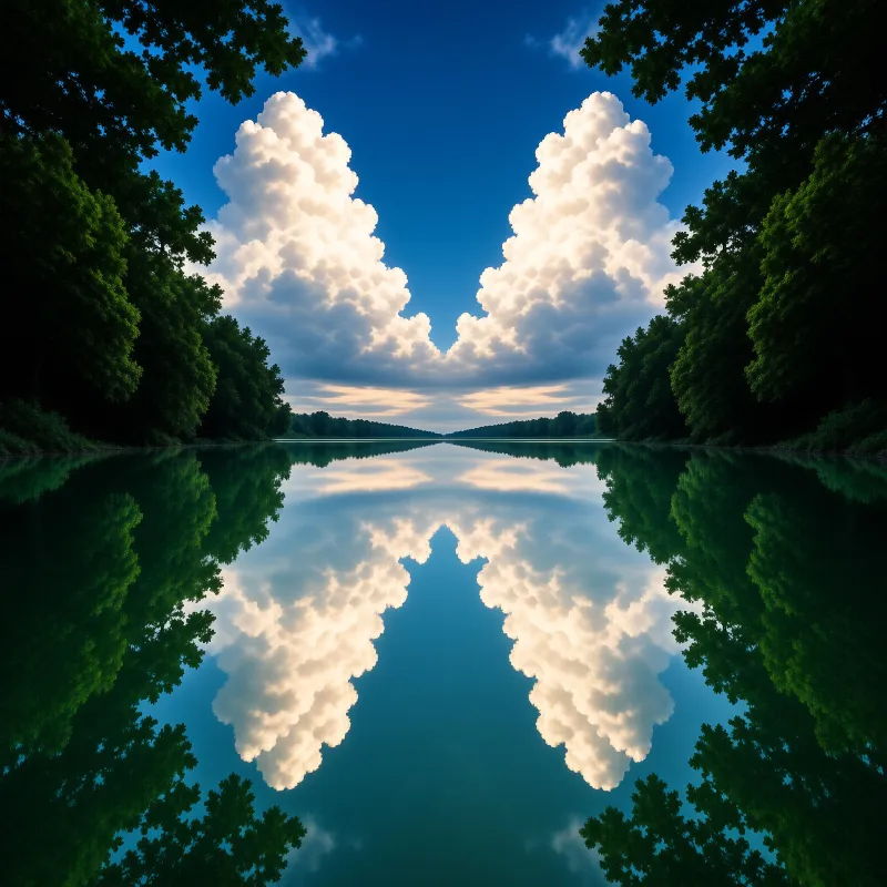 Massive cumulus clouds sit in a blue sky above a calm river perfectly mirroring the surrounding green forest trees.