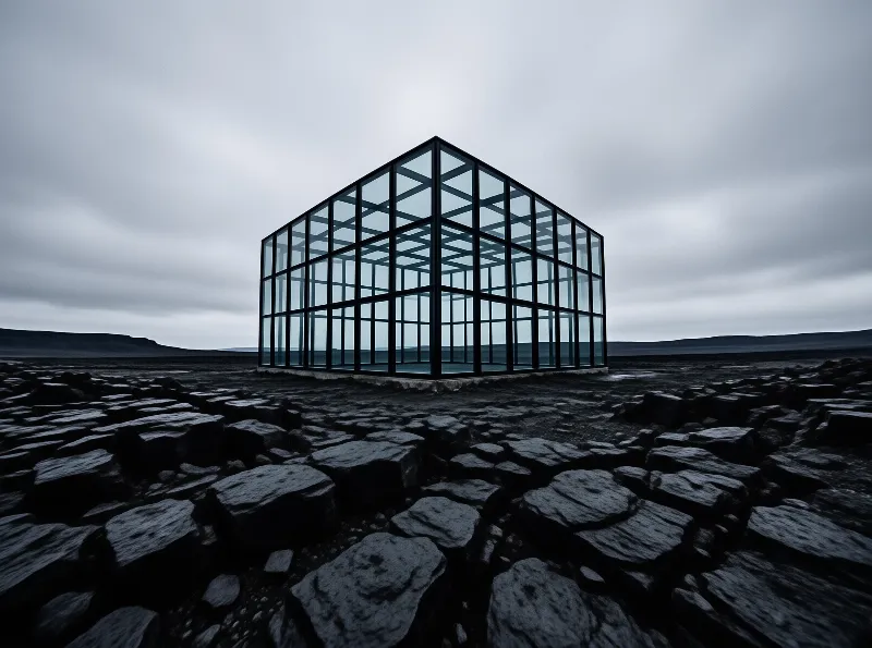 A transparent steel framed cube stands alone on a field of dark fractured rock beneath a grey overcast sky