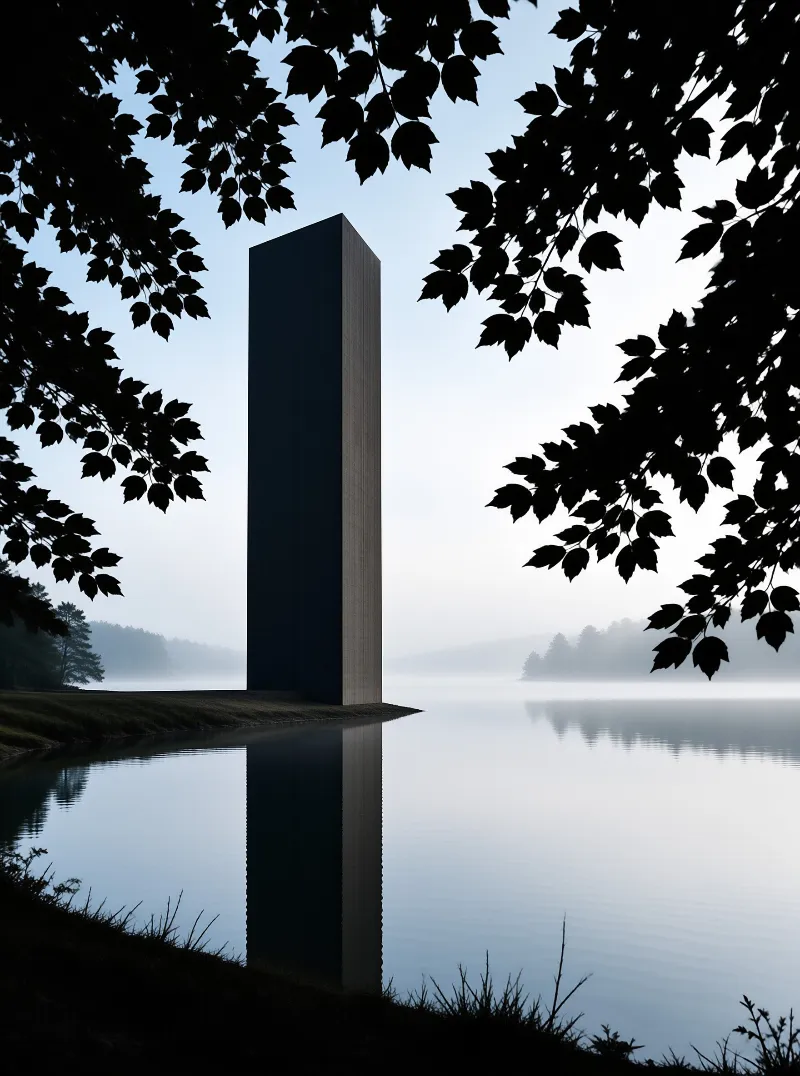 A dark rectangular monolith stands on a grassy shore beside calm misty water framed by silhouetted leaves.