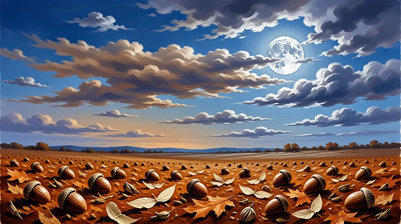 A digital painting depicts a vast field scattered with acorns and dry leaves beneath a dramatic sky featuring a large luminous moon and sweeping clouds over distant blue mountains.