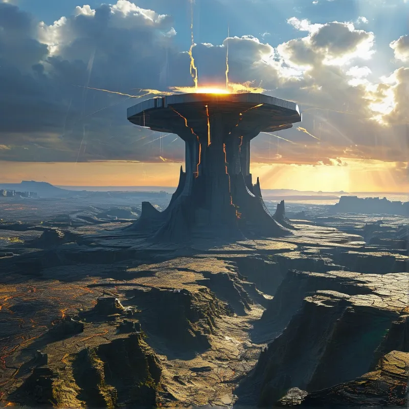 A colossal stone pillar rises from a desolate cracked plain bathed in warm golden light.