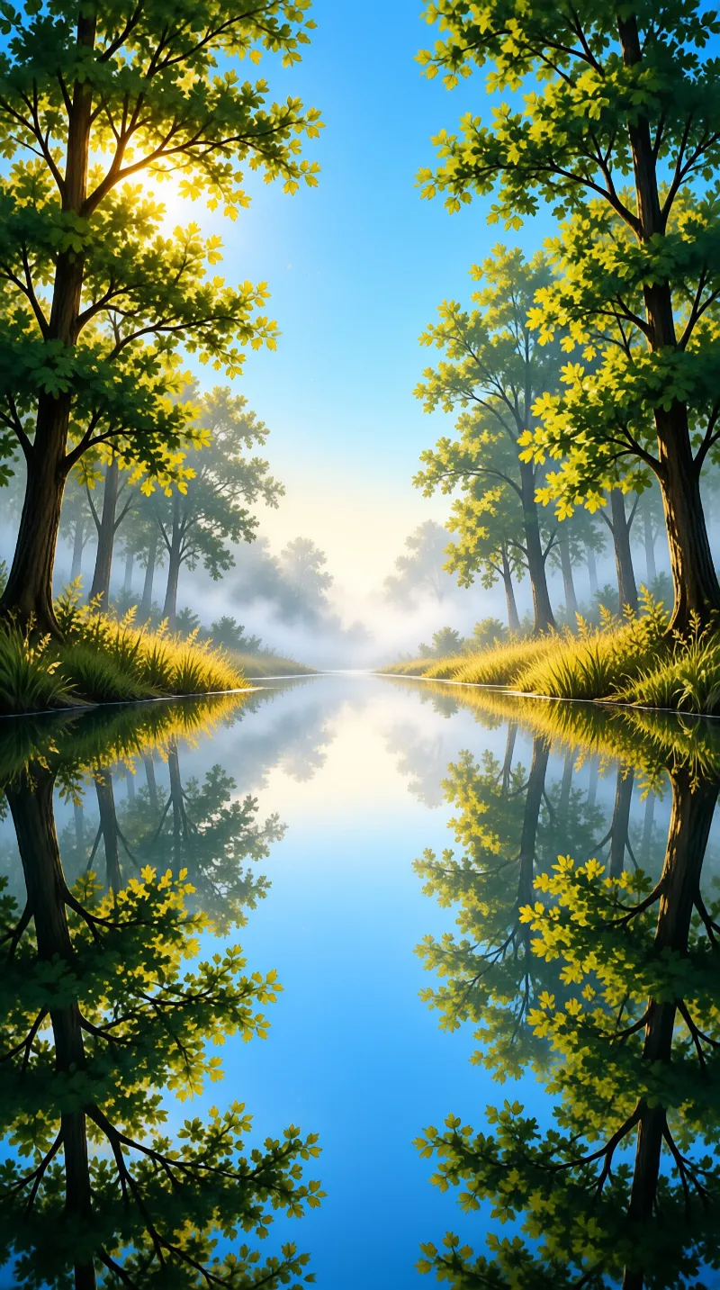 Symmetrical trees flank a misty canal reflecting a bright blue sky and sunlight.