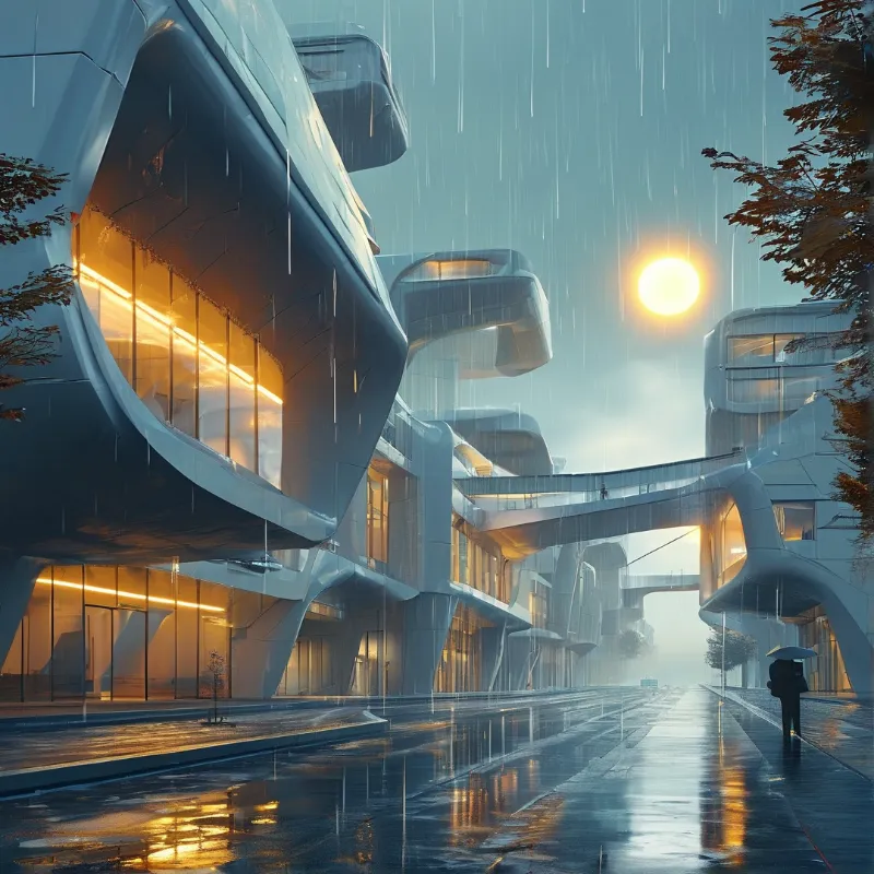Sleek organic futuristic architecture lines a rain-soaked street reflecting the warm glowing orb of the sun in the pale cool sky.