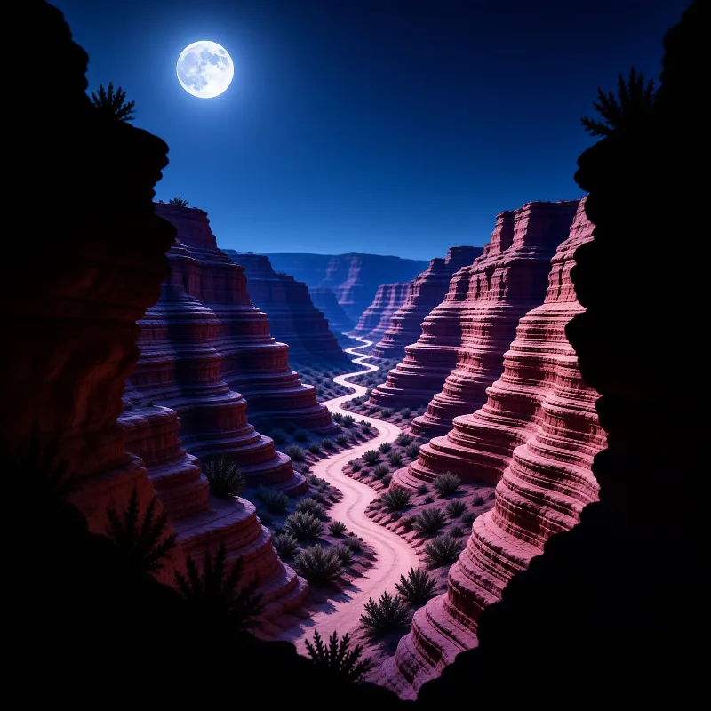 Full moon illuminates winding river through red rock canyon walls under deep blue night sky with dark plants in foreground.