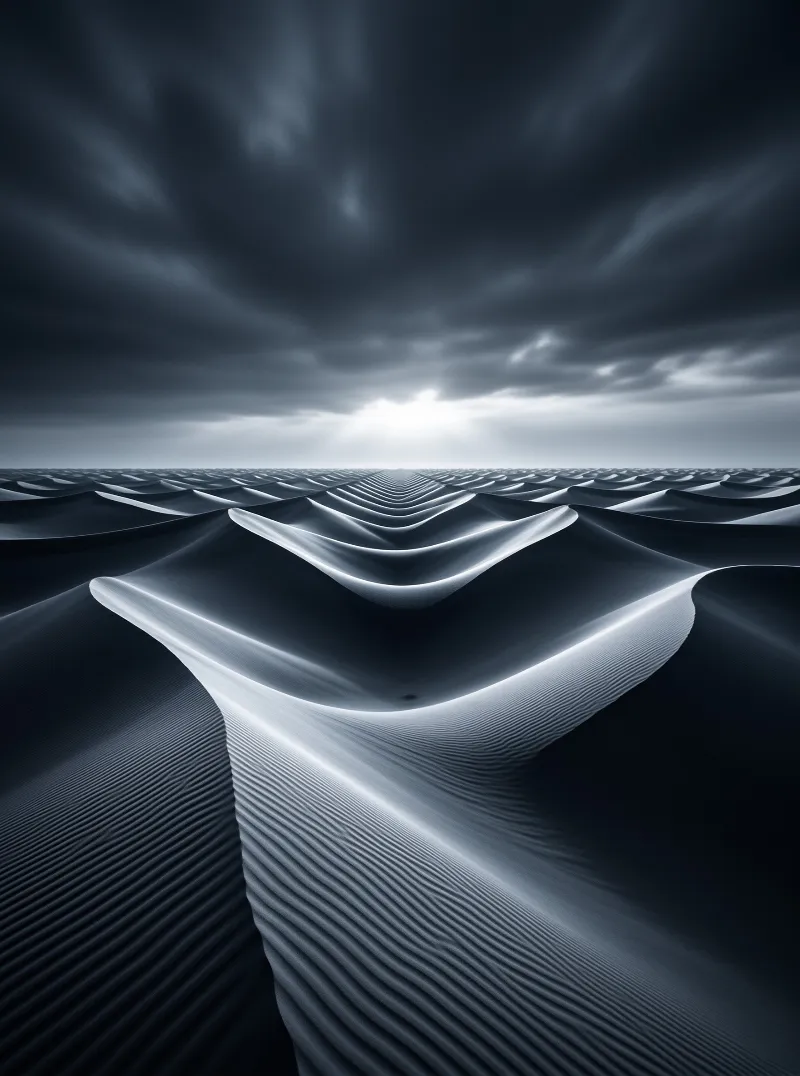 Rows of wind-rippled sand dunes stretch to the horizon beneath a heavy grey sky lit by the low sun.