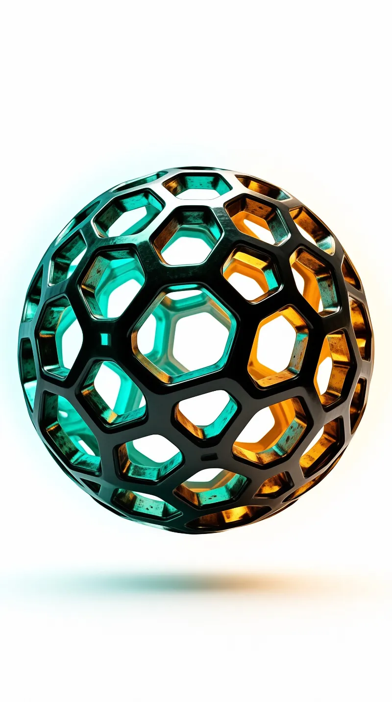 A hollow spherical object with a dark hexagonal grid reflecting teal and orange hues against a white backdrop.