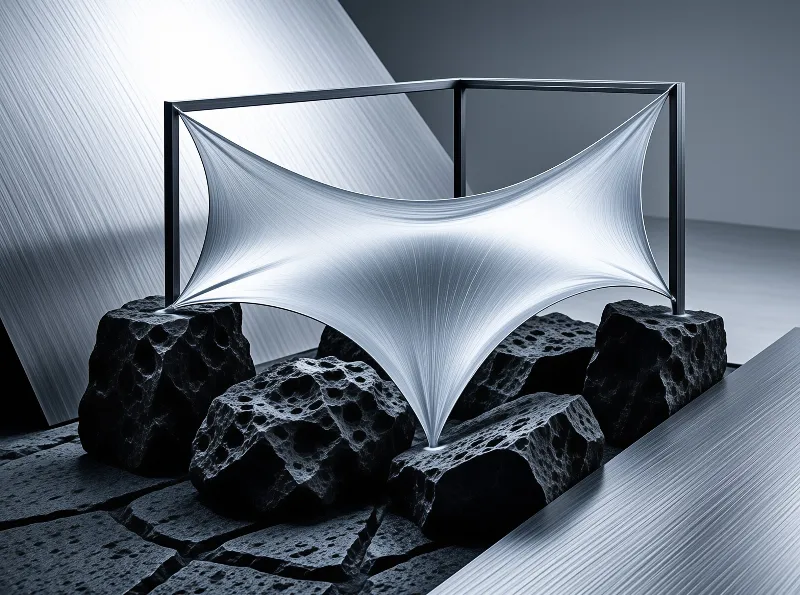 Silver curved panel suspended within a frame above rough black rocks illuminated by streaks of light.