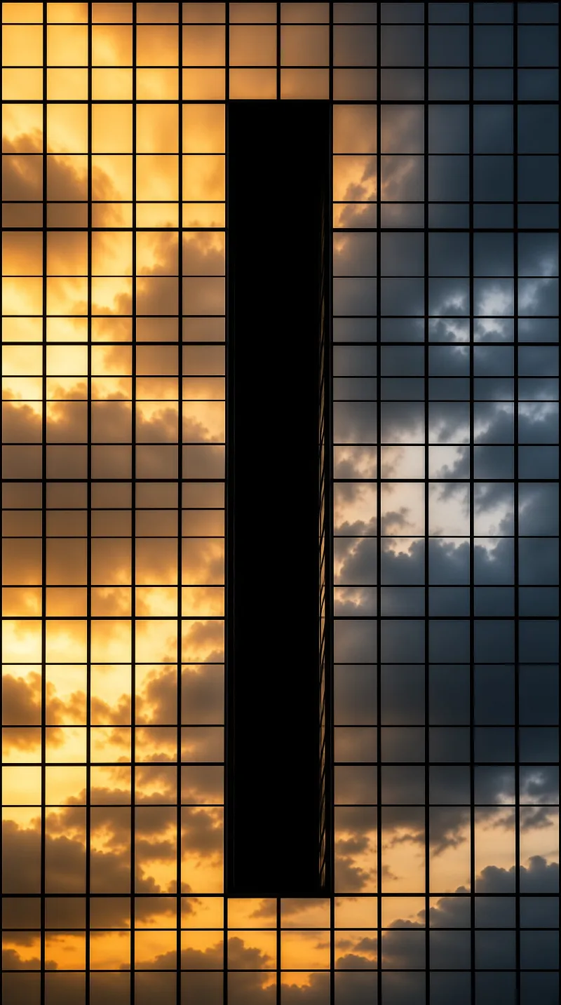 A glass building facade reflects a sky split between warm orange sunset clouds and dark blue storm clouds.