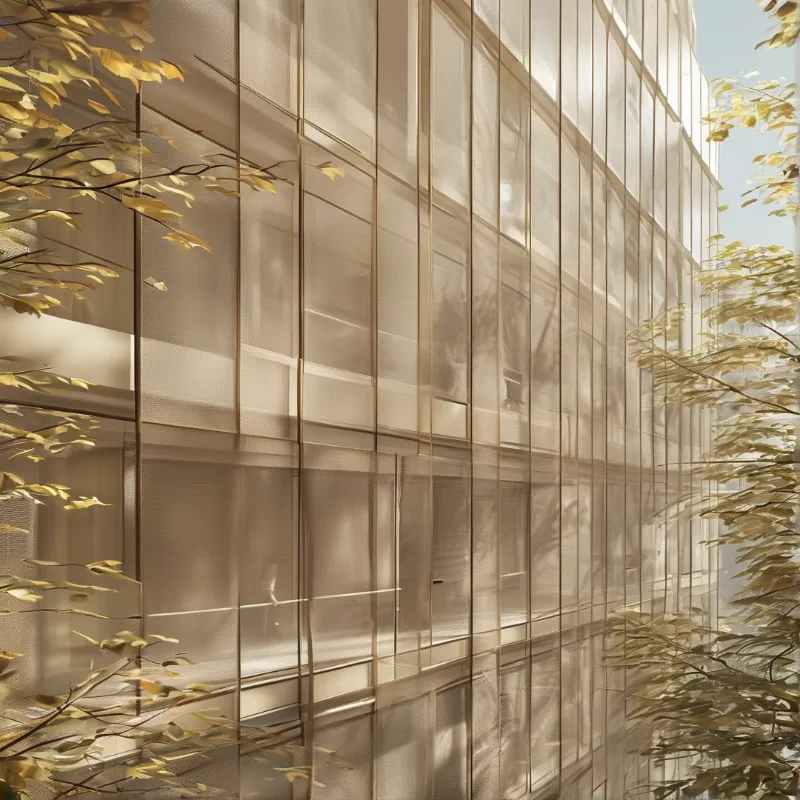 A modern building exterior features a reflective glass surface framed by branches of yellow leaves in warm sunlight.