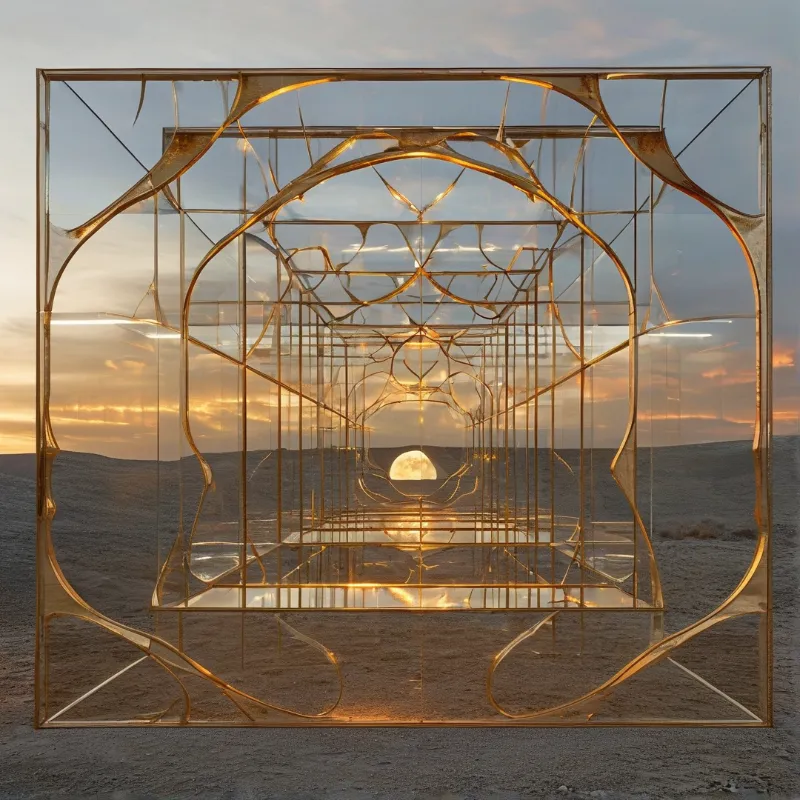 Nested gilded frames and glass panels form an endless corridor glowing over a desert plain at sunset