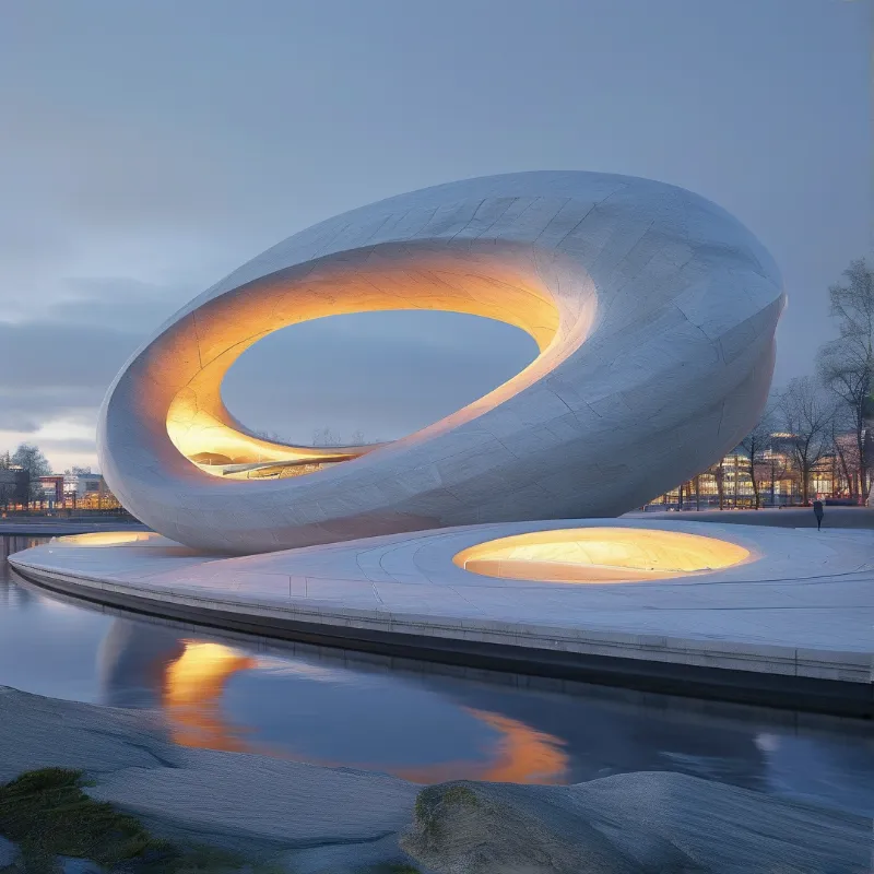 A monumental looping stone pavilion curves over a waterfront plaza with its inner ring lit warm amber