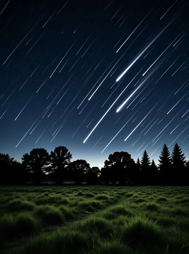 Bright meteor streaks cut across a deep blue night sky above a silhouetted treeline and dark grassy field.