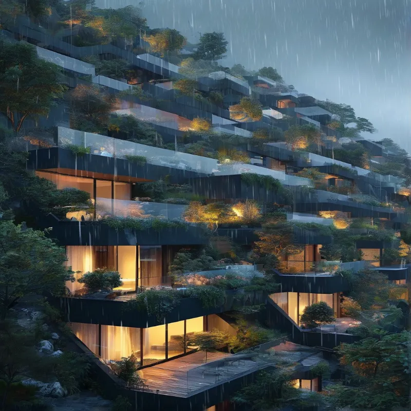 Multi-tiered forest hillside homes with glass railings and warm interior lights are caught in a steady downpour.