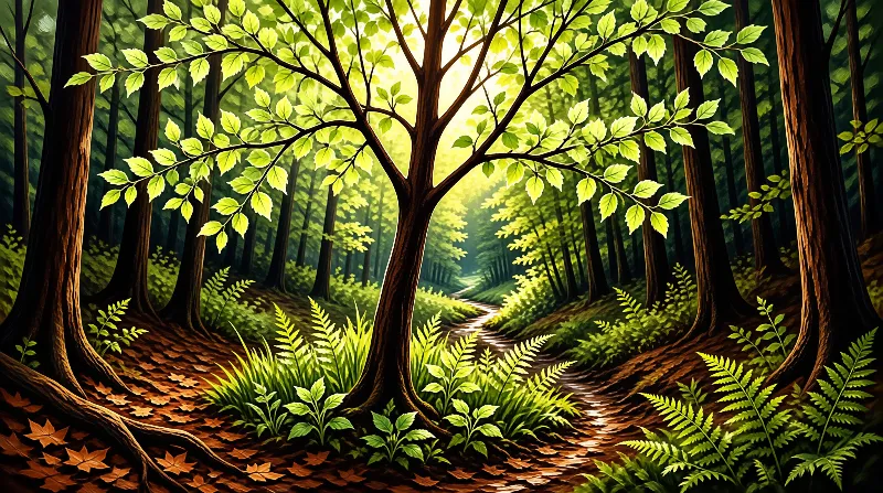 A winding trail threads through a lush woodland where sunlight filters onto ferns and bright spring foliage.